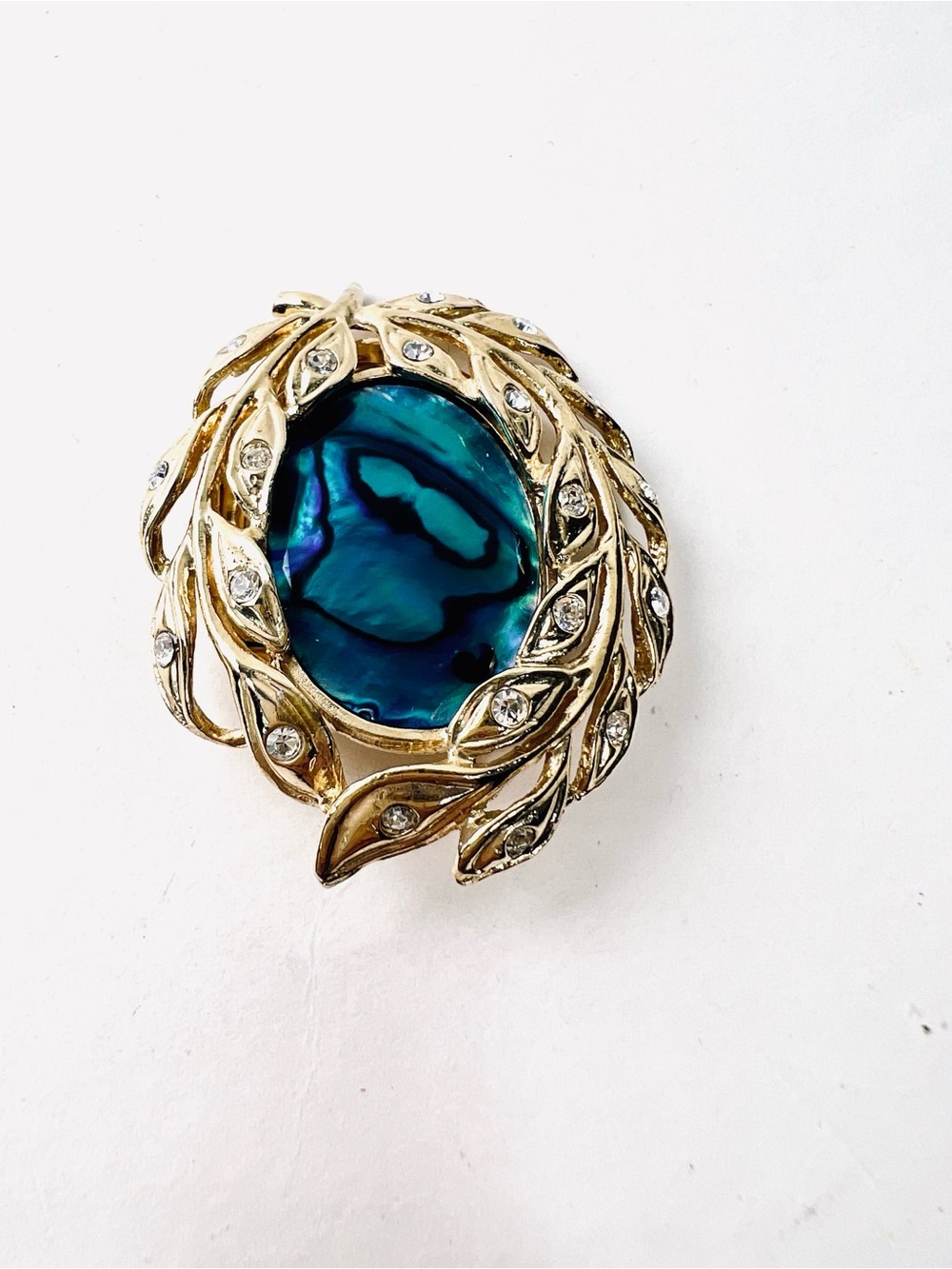 Gold-Tone Leaf Statement Scarf Pin with Blue‎ Abalone Center